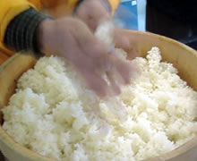 大豆を蒸している間に、米麹の塊を壊し塩を混ぜておきます。